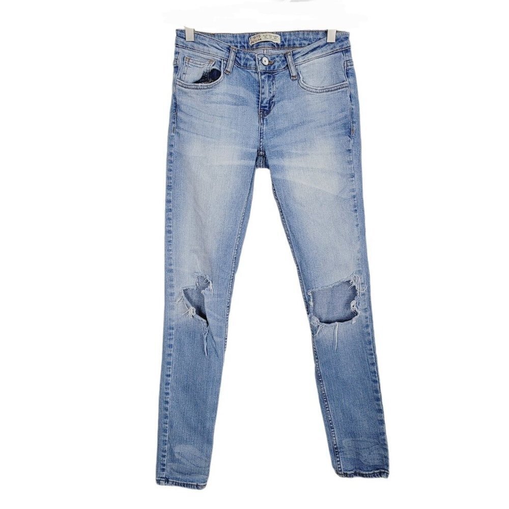 Zara Sz 4 Z1975 Skinny Jeans Light Wash Distressed Knees 8" Rise 29" Inseam
